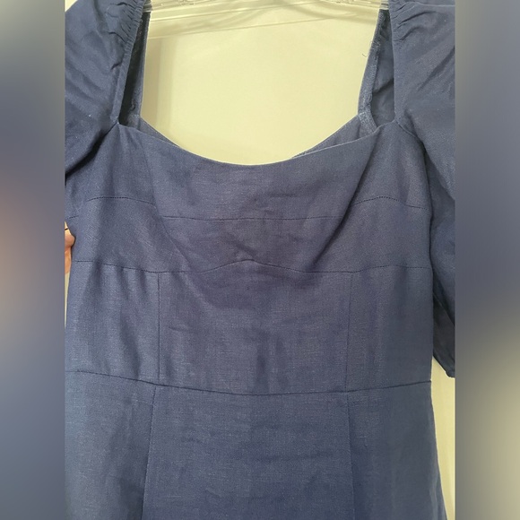 Reformation Belgium Linen Midi Dress in Danube Navy Puff Sleeve Fit Flare Size 4 - Picture 7 of 10